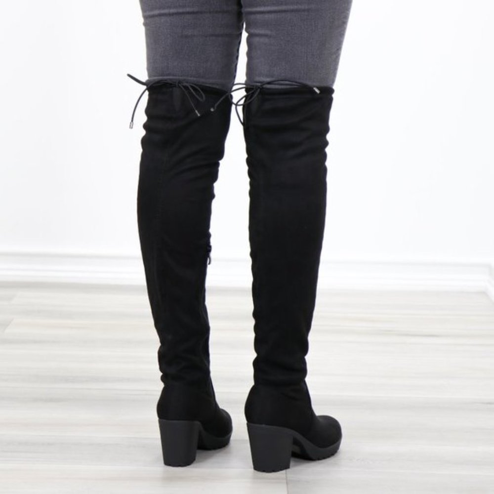 Lug Chunky Heel BlackThigh High Suede Boots - Picture 7 of 16